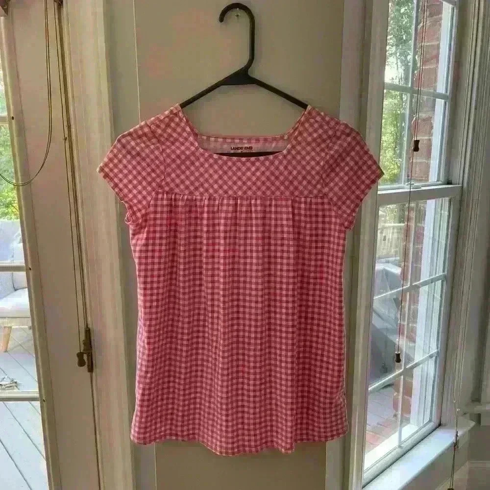 Lands End Girls Size Medium, 10-12, Pink Gingham Shirt